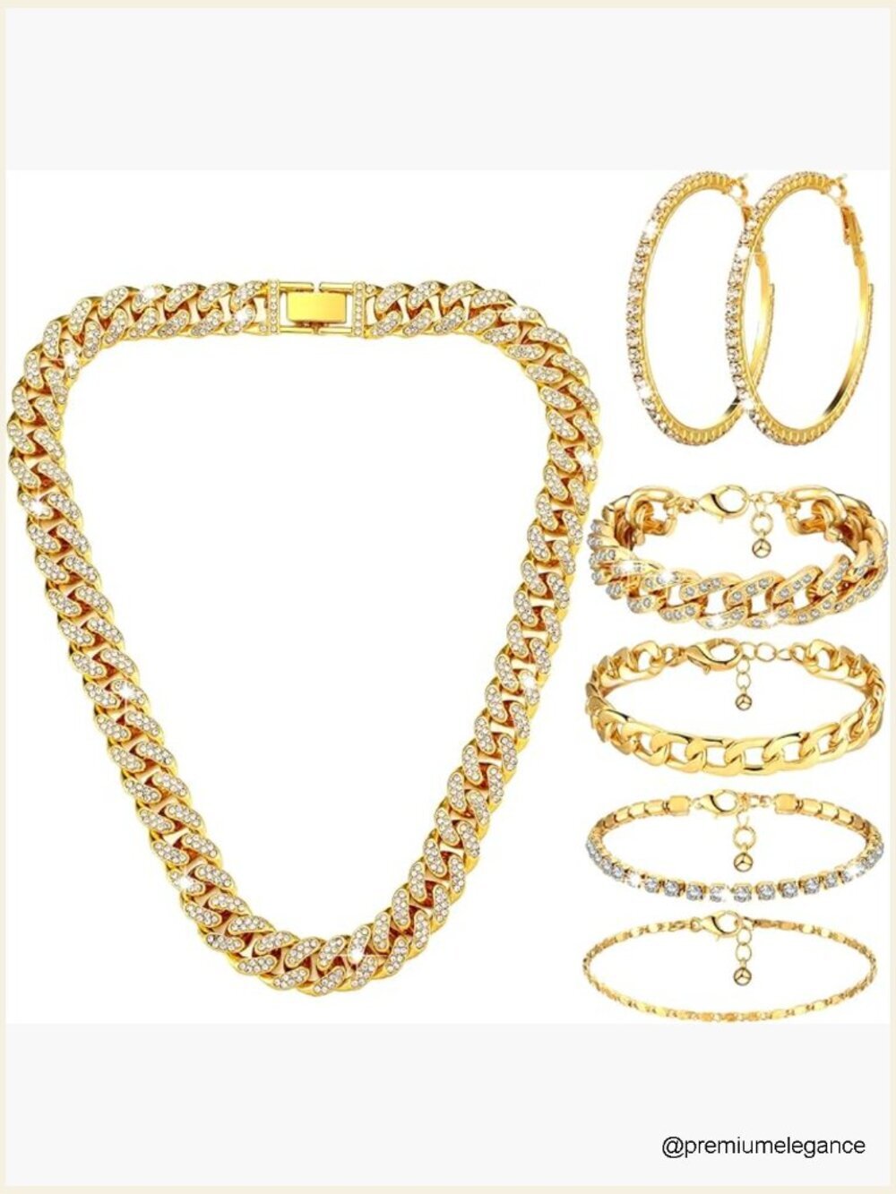 6-Piece Cuban Link Jewelry Set with Rhinestones and Hoop Earrings